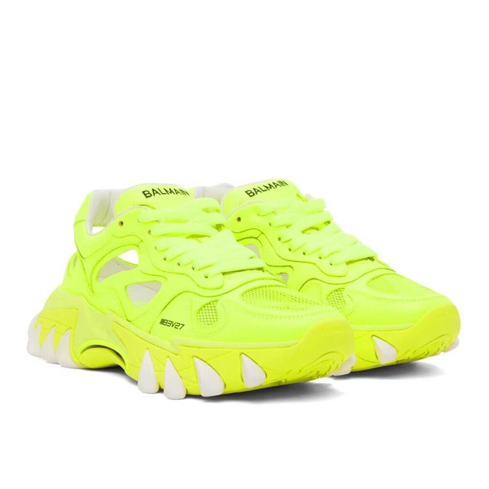 Balmain B-East US 10 Trainer Shoes Neon Lemon Green Athletic Sneakers NIB $895